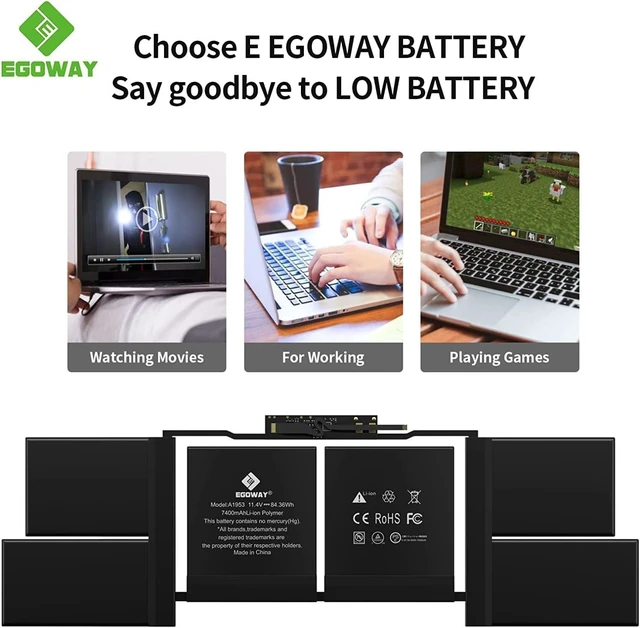 Alt view image 6 of 6 - A1990 Laptop Battery, Egoway A1953 Replacement for MacBook Pro 15 inch Touch Bar A1990 (Mid 2018, 2019), EMC 3215 3359