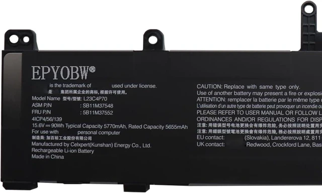 Alt view image 2 of 5 - L23C4P70 Laptop Battery 90Wh 5770mAh 15.6V Compatible with Lenovo ThinkPad P1 Gen 7 Series SB11M37548 5B11M37552