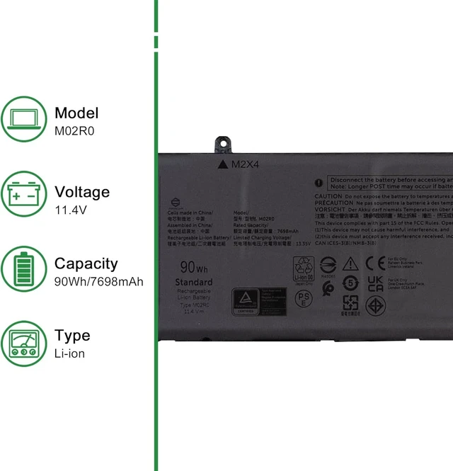 Alt view image 2 of 5 - M02R0 Laptop Battery Replacement for Alienware X16 R1 R2 P120F P120F007 P120F008 Series Notebook HP26N 0HP26N Black 11.4V 90Wh 7698mAh
