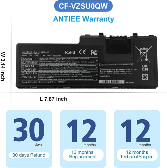 Alt view image 7 of 7 - ANTIEE CF-VZSU0QW CF-20 Laptop Battery Replacement for Panasonic ToughBook CF-20 MK1 Toughpad FZ-A2 CF-VZSU0QJS CF-VZSU0QK CF-VZSU0QR 2600mAh 30Wh