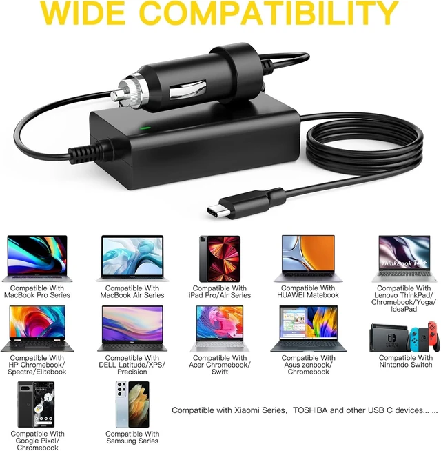 Alt view image 3 of 7 - 100W USB-C Laptop Car Charger for Latitude/XPS/Precision MacBook Pro/Air HP Spectre/Elitebook for ThinkPad/Yoga/IdeaPad Chromebook/Swift Google for Zenbook Car Laptop Charger