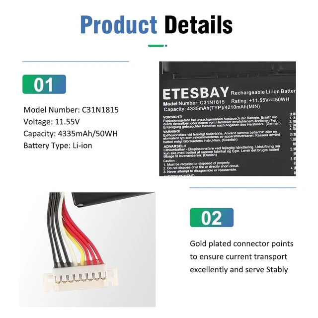 Alt view image 5 of 5 - ETESBAY C31N1815 0B200-03150000 Battery for ASUS Zenbook 13 UX333F UX333FA UX333FN RX333FN BX333FN Series 11.55V 50Wh