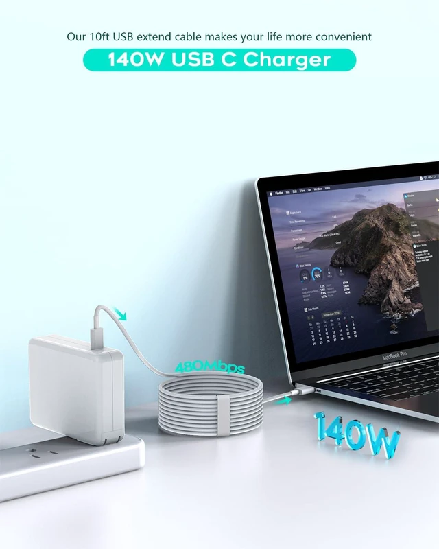 Alt view image 2 of 7 - 140W/118W/96W USB C Charger for MacBook Charger Extra Long 10FT USBC Cable Laptop Power Adapter Fast Charging for MacBook Pro 16 15 14 13inch 2024 2023 2022 2021 2020 2019 M1 M2 M3 MacBook Air