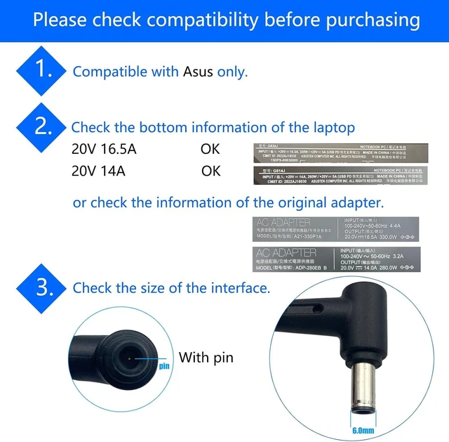 Alt view image 2 of 7 - 330W AC Adapter 20V 16.5A A22-330P1A Fit for ASUS ROG Strix Scar 16 17 18 ASUS Strix G16 G17 G18 G634JY G634JZ G733PZ G733PY G733P G733 G733CX G814JI G834JY ROG Zephyrus Duo 16 Laptop Power Supply