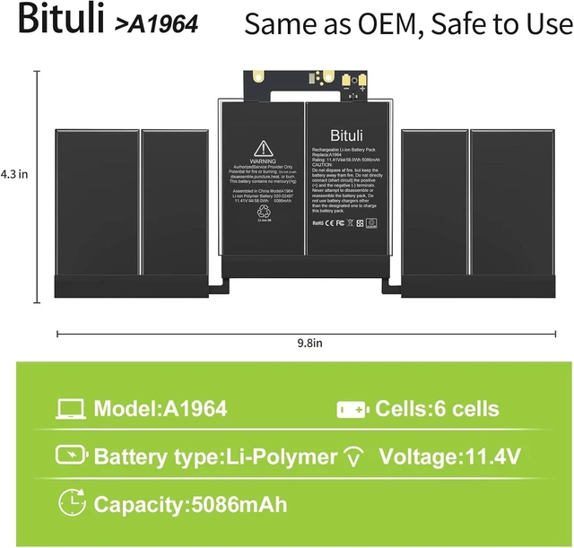 Alt view image 2 of 6 - A1964 A1989 A2251 Laptop Battery Replacement for MacBook Pro 13 Inch A1989 (Mid 2018, 2019) & A2251 (2020), EMC 3214 3358 3348