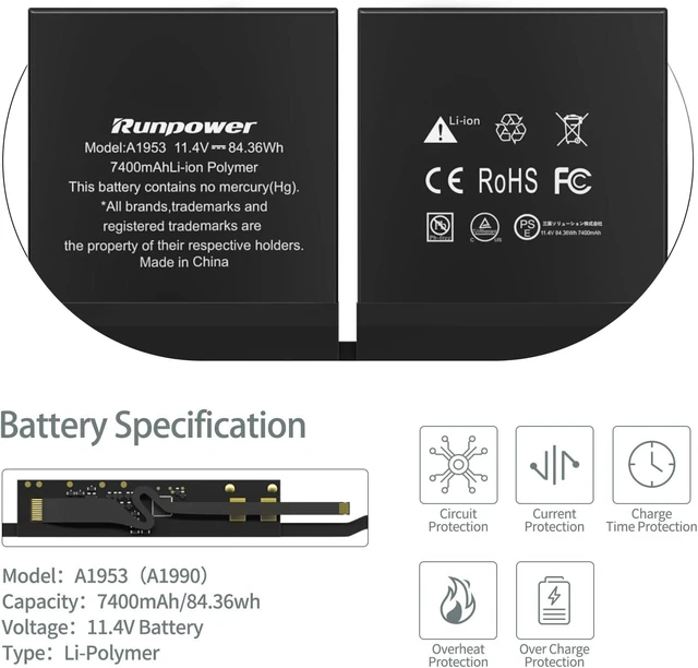 Alt view image 2 of 7 - A1953 Battery, Laptop Battery A1953 for MacBook Pro 15 inch A1990 Battery Mid 2018 2019 Replacement Battery Lithium Polymer EMC 3215 3359(11.4V 84.36WH 7400mAh)