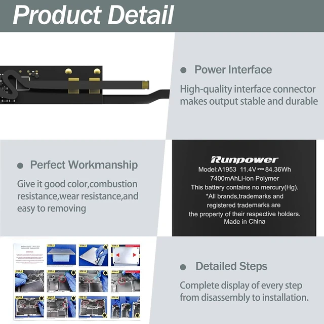 Alt view image 3 of 7 - A1953 Battery, Laptop Battery A1953 for MacBook Pro 15 inch A1990 Battery Mid 2018 2019 Replacement Battery Lithium Polymer EMC 3215 3359(11.4V 84.36WH 7400mAh)