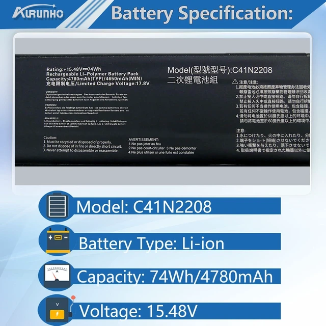 Alt view image 2 of 5 - AURUNHO 74Wh C41N2208 Battery for Replacement for ASUS Rog Ally PC71L RC71L Gaming Handheld Series RC71L-NH001W RC71L-NH002W RC71L-NH019W 15.48V