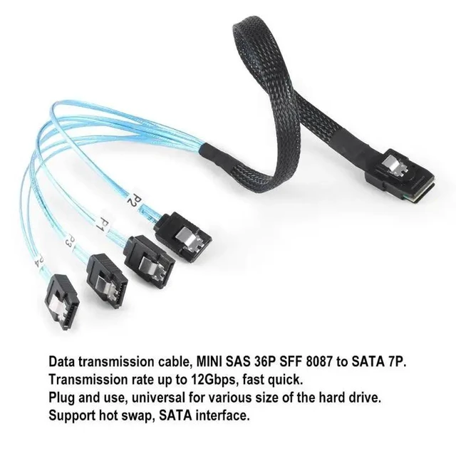 Alt view image 5 of 5 - 50/70cm SAS SATA cable Mini-SAS SFF-8087 to 4 SATA Cable Mini SAS 4i SFF8087 36P To 4 SATA 7P Cable 12Gbps Hard Drive Data cable