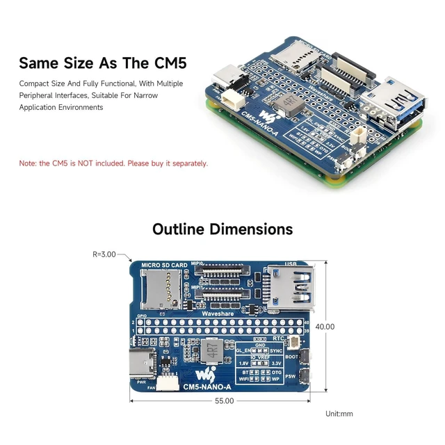 Alt view image 4 of 5 - Waveshare Nano Base Board (A), Compatible with Raspberry Pi Compute Module 5, Base Board for CM5 Lite/eMMC, with Multiple Peripheral Interfaces