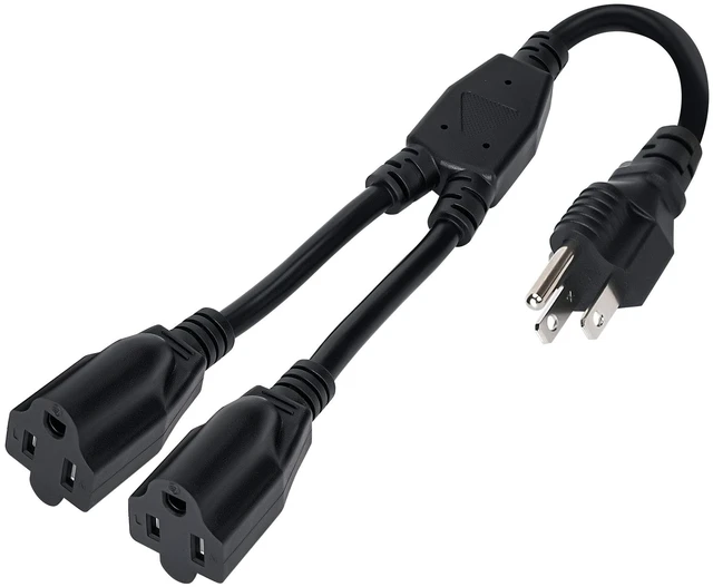 Main image of 3-Prong Y Splitter Power Extension Cord 1 FT, Straight Plug 1 to 2 Way Outlet Space Saver, Heavy Duty Weatherproof SJTW, 16AWG 13A, 5-15P Cable Extender for Indoor Outdoor-UL