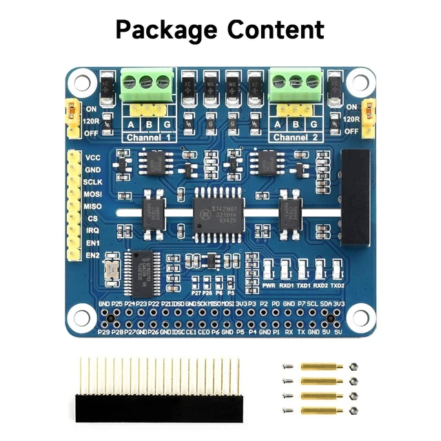 Alt view image 2 of 5 - Waveshare 2-Channel Isolated RS485 Expansion HAT, Compatible with Raspberry Pi 5/4B/3B/Zero/Zero W/Zero 2W/Pico/Pico W/Pico WH, SC16IS752+SP3485 Solution with Multi Onboard Protection Circuits