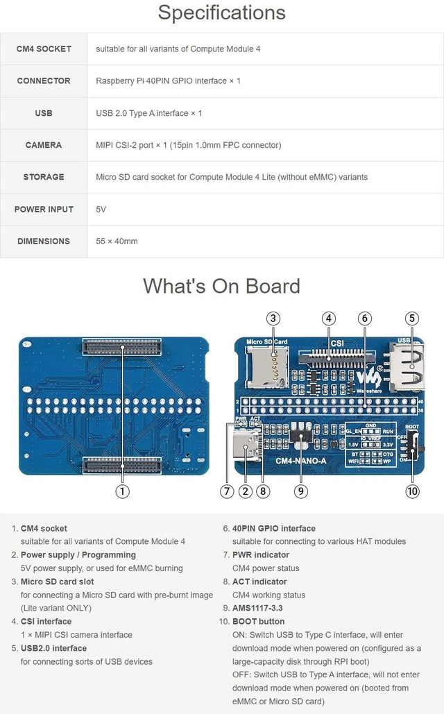 Alt view image 4 of 5 - Waveshare Nano Base Board (A) for Raspberry Pi Compute Module 4 Same Size as The CM4 Base Board for Compute Module 4 Lite/eMMC