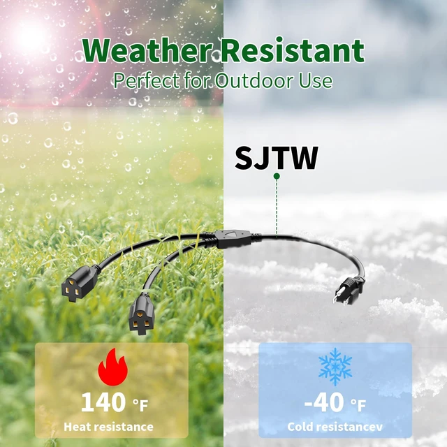 Alt view image 3 of 7 - 3-Prong Y Splitter Power Extension Cord 1 FT/2 Pack, Straight Plug 1 to 2 Way Outlet Space Saver, Heavy Duty Weatherproof SJTW, 16AWG 13A, 5-15P Cable Extender for Indoor Outdoor-UL
