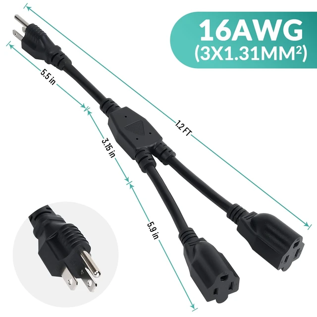 Alt view image 6 of 7 - 3-Prong Y Splitter Power Extension Cord 1 FT/2 Pack, Straight Plug 1 to 2 Way Outlet Space Saver, Heavy Duty Weatherproof SJTW, 16AWG 13A, 5-15P Cable Extender for Indoor Outdoor-UL