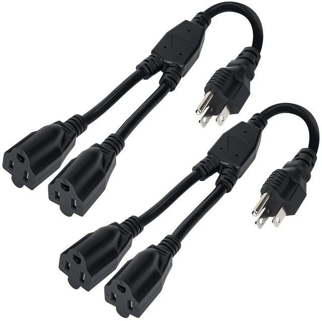 Main image of 3-Prong Y Splitter Power Extension Cord 1 FT/2 Pack, Straight Plug 1 to 2 Way Outlet Space Saver, Heavy Duty Weatherproof SJTW, 16AWG 13A, 5-15P Cable Extender for Indoor Outdoor-UL
