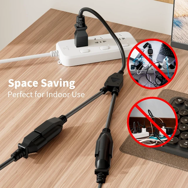 Alt view image 2 of 7 - 3-Prong Y Splitter Power Extension Cord 1 FT/2 Pack, Straight Plug 1 to 2 Way Outlet Space Saver, Heavy Duty Weatherproof SJTW, 16AWG 13A, 5-15P Cable Extender for Indoor Outdoor-UL