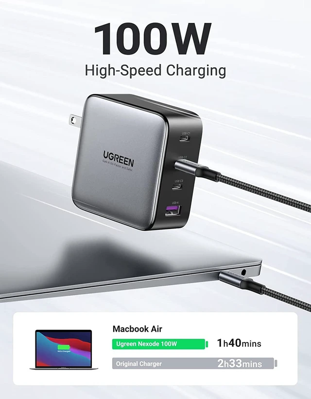 Alt view image 3 of 7 - UGREEN 100W USB C Multiport Charger - 4-Port USB Charging Station GaN Fast Charger Power Adapter Compatible for MacBook Pro/Air, iPad Pro, iPad Mini 6, Dell XPS, Galaxy S21/S20, iPhone 13/13 Pro Max/1