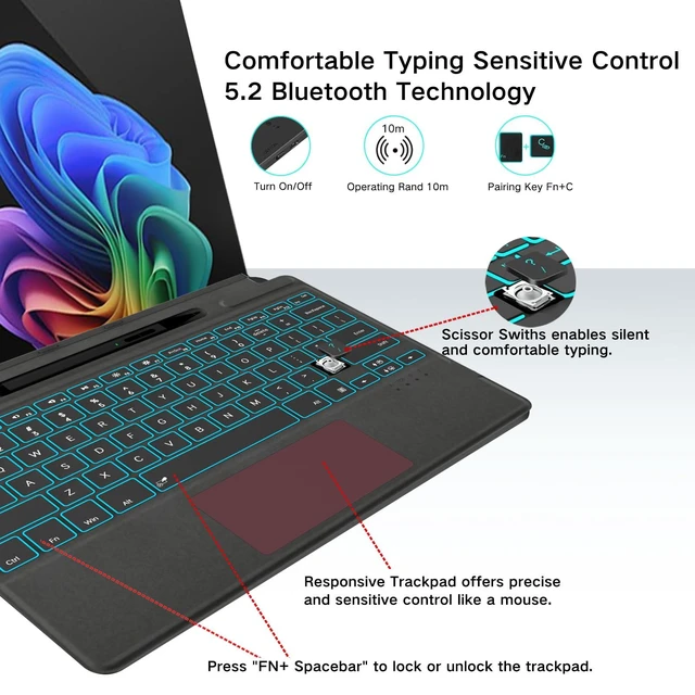 Alt view image 5 of 5 - JvKzaen Surface Pro 9 Keyboard with Slim Pen, Compatible with Microsoft Surface Pro 11 10 9 8 X, 13 Inch Bluetooth Wireless Backlit Type Cover with Slim Pen,Keyboard with Slim Pen,Black
