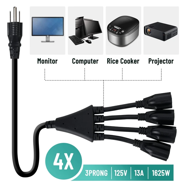 Alt view image 3 of 5 - 4 Way Power Cord Splitter Cable-3 Prong 1 to 4 Extension Cord-Outlet Saver-Elecan Male to Female Y Splitter Power Extension Cable StripUL Certified SJTW 16 Gauge 13 A/125 V1.5 Feet Black