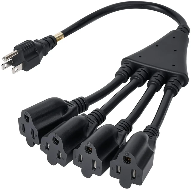 Main image of 4 Way Power Cord Splitter Cable-3 Prong 1 to 4 Extension Cord-Outlet Saver-Elecan Male to Female Y Splitter Power Extension Cable StripUL Certified SJTW 16 Gauge 13 A/125 V1.5 Feet Black