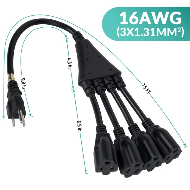 Alt view image 5 of 5 - 4 Way Power Cord Splitter Cable-3 Prong 1 to 4 Extension Cord-Outlet Saver-Elecan Male to Female Y Splitter Power Extension Cable StripUL Certified SJTW 16 Gauge 13 A/125 V1.5 Feet Black