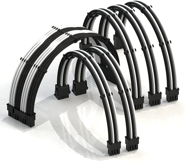Main image of LINKUP - 30cm Super Soft and Flexible PSU Cable Extension Sleeved Custom Mod GPU PC Braided w/Comb Kit - Compatible with RTX30901x24 P (20+4)2x8 P (4+4) CPU3x8 P (6+2) GPU Set300mm - WhiteBlack