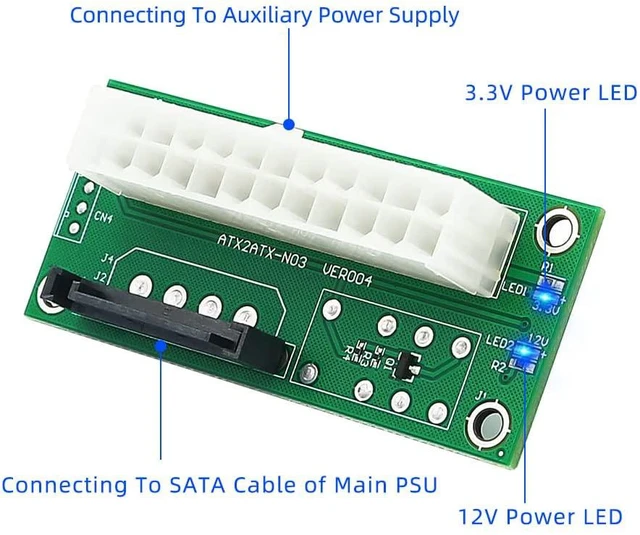 Alt view image 3 of 6 - Dual Power Supply Connector Add2PSU Multiple Power Supply Adapter, Synchronous Power Board, Add 2PSU with Power LED to SATA 15 Pin Connector