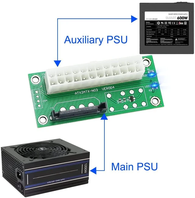 Alt view image 5 of 6 - Dual Power Supply Connector Add2PSU Multiple Power Supply Adapter, Synchronous Power Board, Add 2PSU with Power LED to SATA 15 Pin Connector
