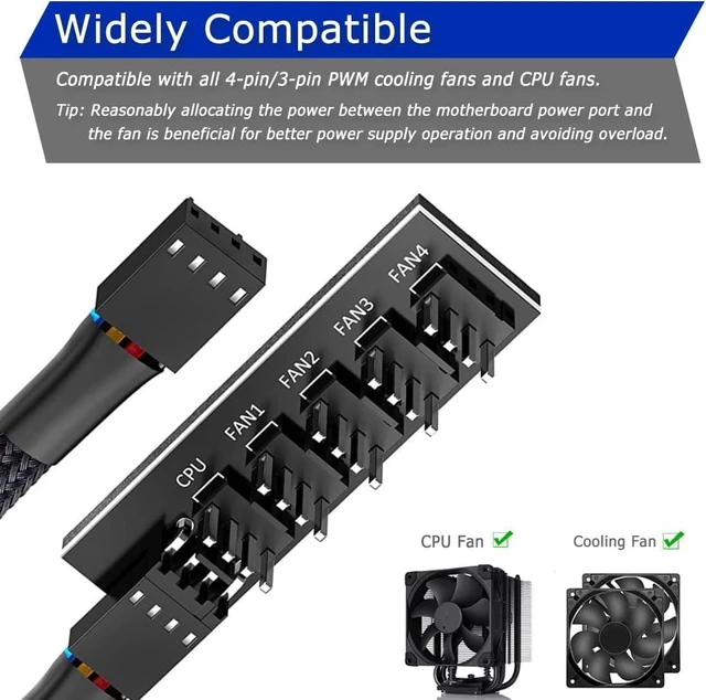 Alt view image 10 of 14 - 2 Pack Cooling Fan 1 to 5 Hub, All 4 Pin Cooling Fans Power Extension Cable for PC Case Internal Motherboard Fan, 5 Way Splitter Wire for ATX Computer Case, Sleeved Braided (16 inches)