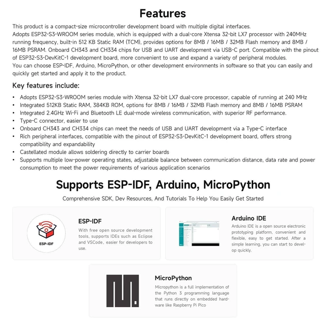 Alt view image 4 of 5 - Waveshare ESP32-S3 Microcontroller, 2.4GHz Wi-Fi Development Board, 240MHz Dual Core Processor, ESP32-S3-WROOM Module,32MB Flash and 16MB PSRAM