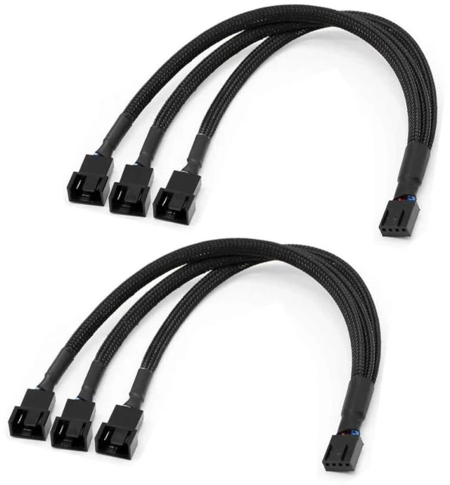 Main image of PWM Fan Splitter Adapter Cable Sleeved Braided Y Splitter Computer PC 4 Pin Fan Extension Power Cable 1 to 3 Converter for Computer ATX Case 4-Pin/3-Pin Cooling Fan Cable (11.8" -2 Pack)