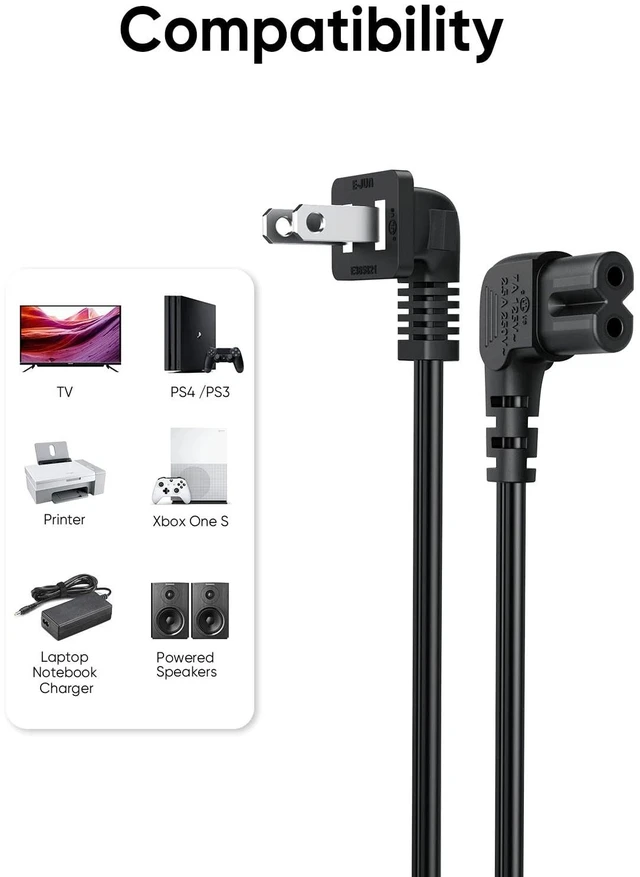 Alt view image 3 of 7 - 10 Feet 18 AWG Angled 2-Slot Non-Polarized Angle Power Cord for Samsung TV LG TCL Replacement (IEC320 C7 to Nema 1-15P), 3M