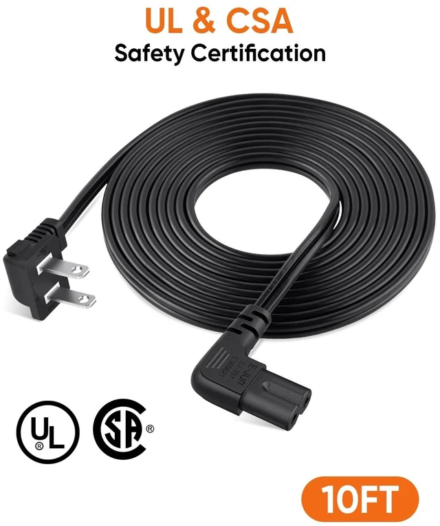 Alt view image 4 of 7 - 10 Feet 18 AWG Angled 2-Slot Non-Polarized Angle Power Cord for Samsung TV LG TCL Replacement (IEC320 C7 to Nema 1-15P), 3M