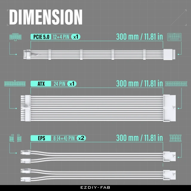 Alt view image 2 of 5 - EZDIY-FAB 12VHPWR PSU Cable Extension Kit for RTX 50/40 Series,16AWG PCIE 5.0 Power Supply Cable Extension- 1x 24 Pin ATX /2X 8Pin (4+4) EPS / 1x12+4 Pin GPU,Sleeve Cable 300MM with Combs-All White