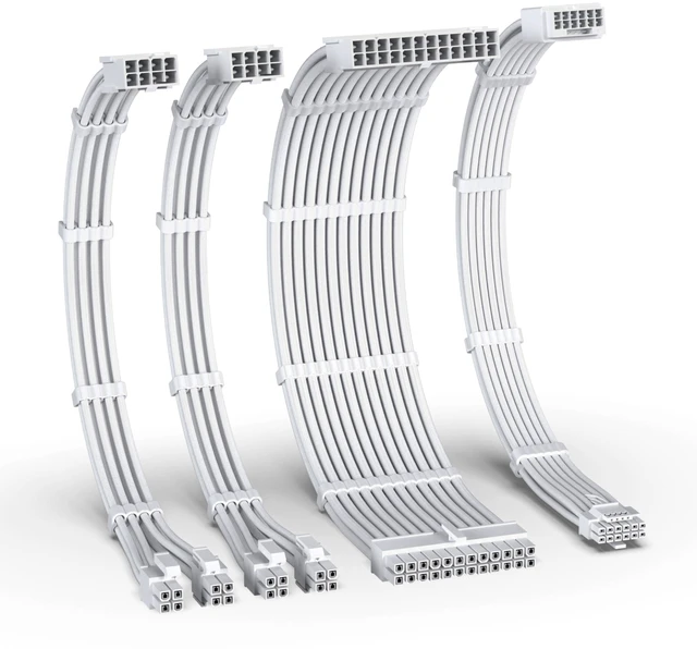 Main image of EZDIY-FAB 12VHPWR PSU Cable Extension Kit for RTX 50/40 Series,16AWG PCIE 5.0 Power Supply Cable Extension- 1x 24 Pin ATX /2X 8Pin (4+4) EPS / 1x12+4 Pin GPU,Sleeve Cable 300MM with Combs-All White