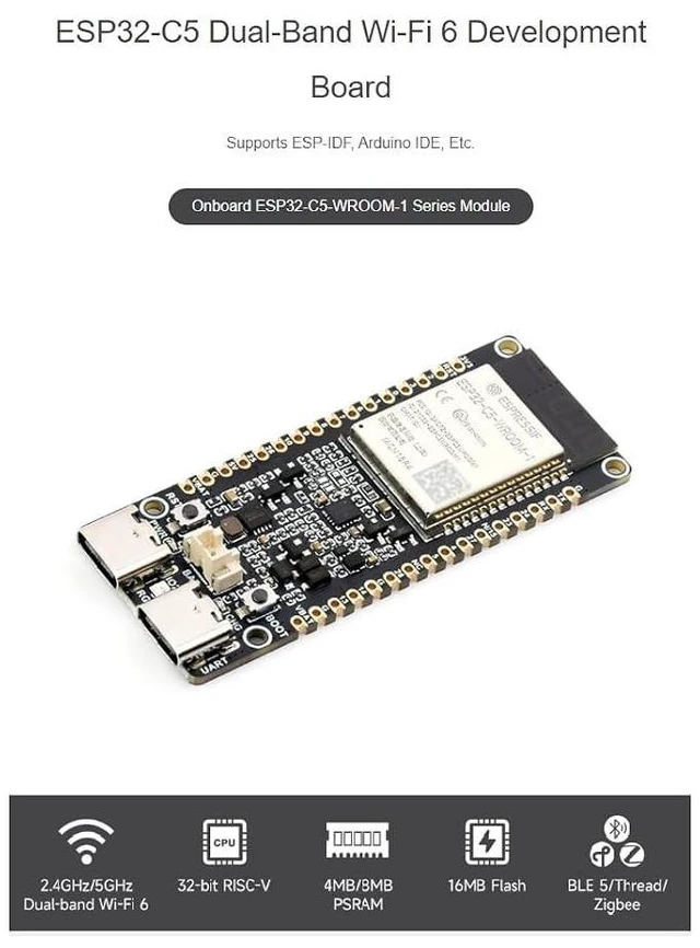 Alt view image 2 of 7 - ESP32-C5 Development Board 240MHz/5GHz Dual-Band Wi-Fi 6 Devkit with pre-soldered HeaderBased on ESP32-C5-WROOM-1 Series Module,Supports Dual-Band Wi-Fi 6 /BLE 5 / Thread/Zigbee
