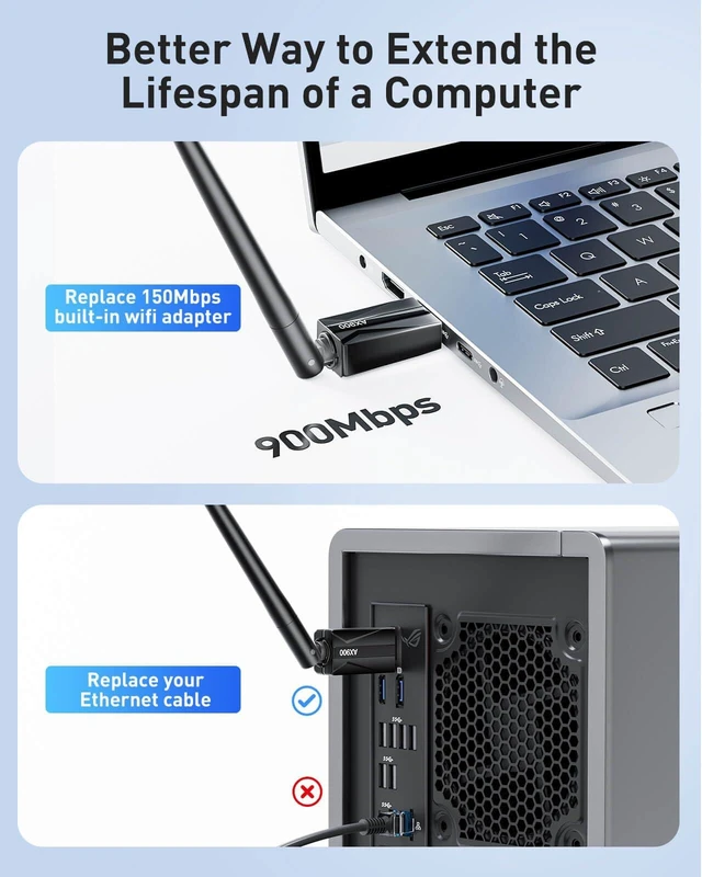 Alt view image 5 of 7 - USB WiFi Adapter for Desktop PC - AX900 Wi-Fi 6 Dual Band 5G 2.4G Wireless Adapter with 7DBi Antenna for Win11/10 WiFi Dongle for Desktop PC Laptop Gaming Wireless USB Internet Network Card (Black)