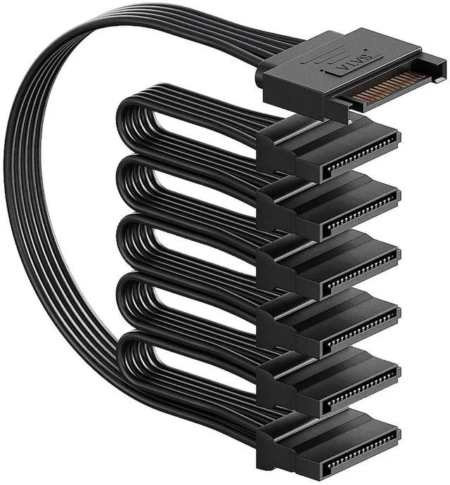 Main image of sata Power Splitter Cable 6 Way, 15 Pin SATA to 6 for HDDSSDOptical Drives, sata Power Connector Supply Extension Cable, Black