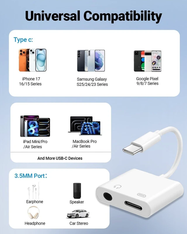 Alt view image 7 of 7 - USB C to 3.5mm Headphone Jack and Charger Adapter, 2-in-1 Audio & Fast Charging Splitter for Apple iPhone 17/16/15/Pro/Pro Max, iPad, Samsung, Pixel, and More 2Pack