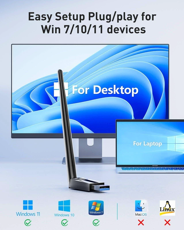 Alt view image 7 of 7 - USB WiFi Adapter for Desktop PC - AX900 Wi-Fi 6 Dual Band 5G 2.4G Wireless Adapter with 7DBi Antenna for Win11/10 WiFi Dongle for Desktop PC Laptop Gaming Wireless USB Internet Network Card (Black)