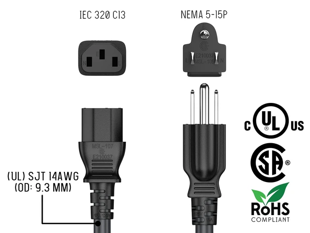 Alt view image 6 of 7 - 1FT 18AWG AC Power Cord, IEC320 C13 to NEMA 5-15P Replacement Cable, 125V 10A/15A Heavy Duty 3-Prong Power Cable for PC, Monitor, Printer, TV Black