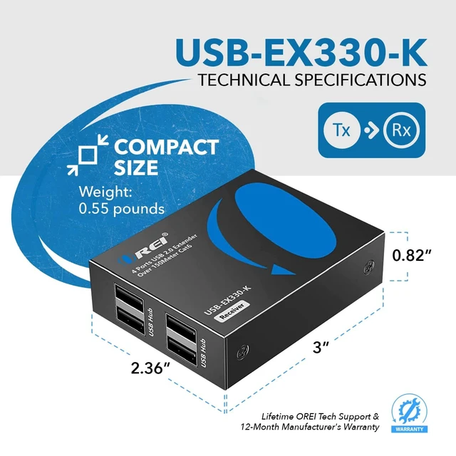 Alt view image 2 of 7 - USB Over Ethernet Extender Upto 330 Feet - Extends USB 2.0 Signals Over LAN Ethernet with 2 Ports - Power Over Cable, Long Distance Extension & Support for all Operating Systems (USB-EX330-K)