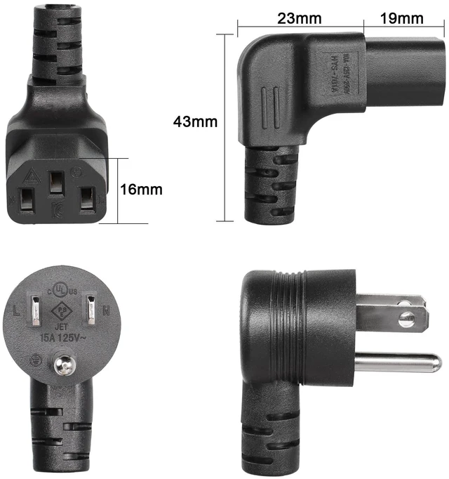Alt view image 3 of 7 - 90 Degrees 3 Prong AC to IEC320 C13 Power Cord,10A 125V Down Angle NEMA 5-15P to C13 Universal Power Cable for Notebook Computers, TV, Monitors-4.9Ft (Blcak-Up C13)