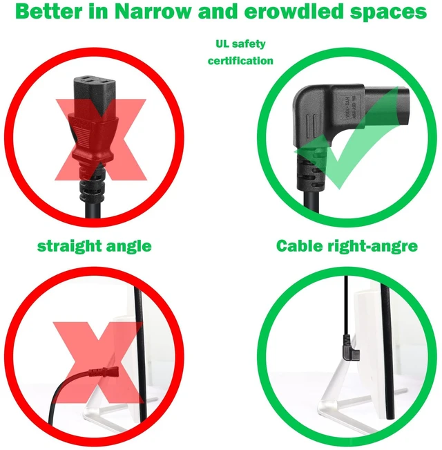 Alt view image 6 of 7 - 90 Degrees 3 Prong AC to IEC320 C13 Power Cord,10A 125V Down Angle NEMA 5-15P to C13 Universal Power Cable for Notebook Computers, TV, Monitors-4.9Ft (Blcak-Up C13)