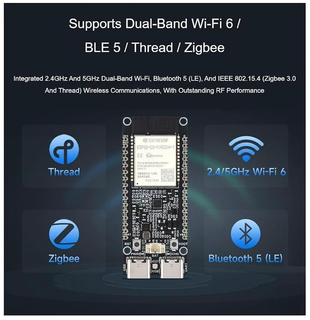 Alt view image 3 of 7 - ESP32-C5 Development Board 240MHz/5GHz Dual-Band Wi-Fi 6 Devkit with pre-soldered HeaderBased on ESP32-C5-WROOM-1 Series Module,Supports Dual-Band Wi-Fi 6 /BLE 5 / Thread/Zigbee