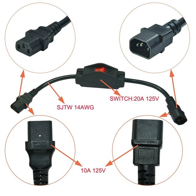 Alt view image 4 of 6 - IEC 320 C14 to C13 Heavy Duty Short Power Cord with On-Off Switch,Standard Computer Power Extension Cord, 3Pin Male -Female Extension Cord with Inline Cord Switch, 42CM, Black