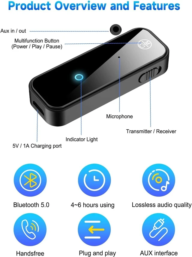 Alt view image 6 of 7 - 2 in 1 Bluetooth 5.3 Transmitter Receiver, AUX Wireless Bluetooth Audio Adapter for Car, TV, Speaker, Stereo System and Headphones