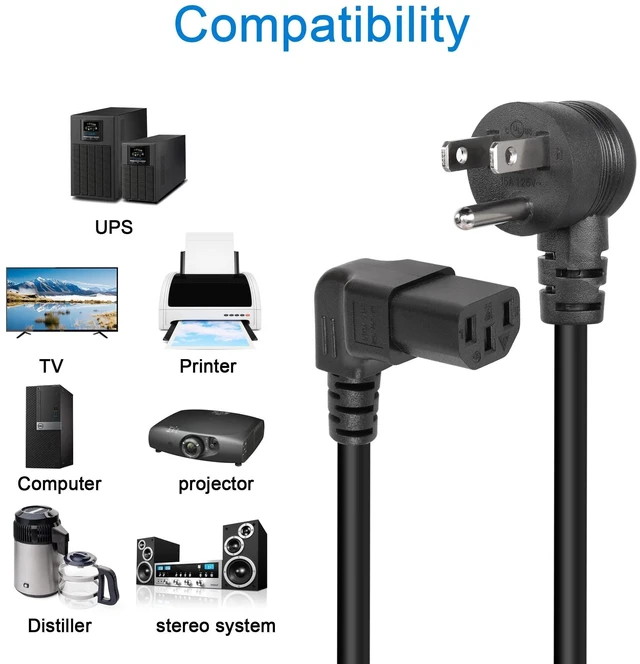 Alt view image 7 of 7 - 90 Degrees 3 Prong AC to IEC320 C13 Power Cord,10A 125V Down Angle NEMA 5-15P to C13 Universal Power Cable for Notebook Computers, TV, Monitors-4.9Ft (Blcak-Up C13)