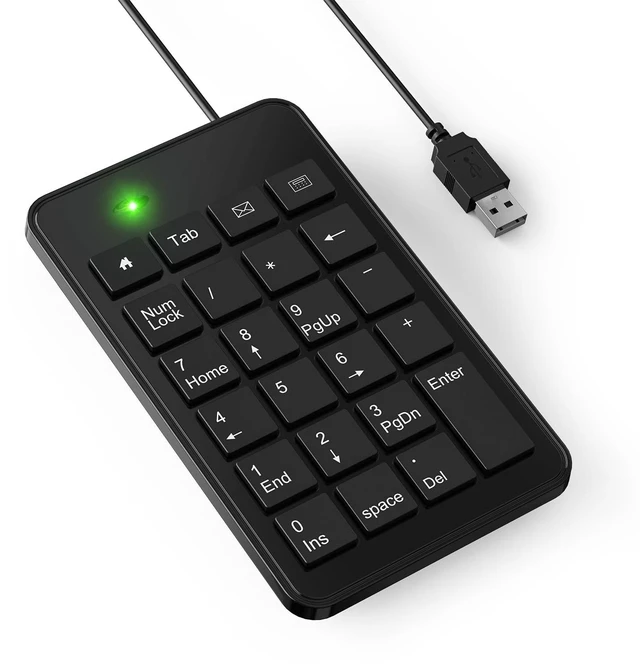Main image of Wired USB-A Numeric Keypad for Laptop, 23 Keys Numpad Keyboard with Tab, Home, Email & Calculator Keys, 5ft Cable, Small and Lightweight Design